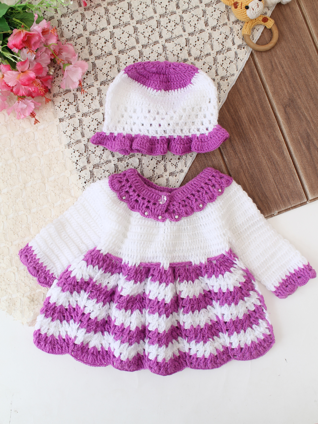 Handmade Crochet Newborn Baby Dress Soft Wool Winter Frock
