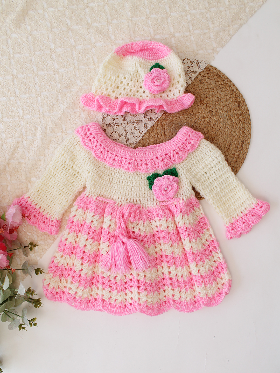 Woonie Crochet Full Sleeves Floral Applique Frock with Matching Cap - Pink