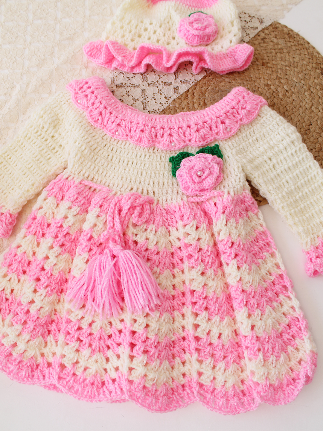 Woonie Crochet Full Sleeves Floral Applique Frock with Matching Cap - Pink
