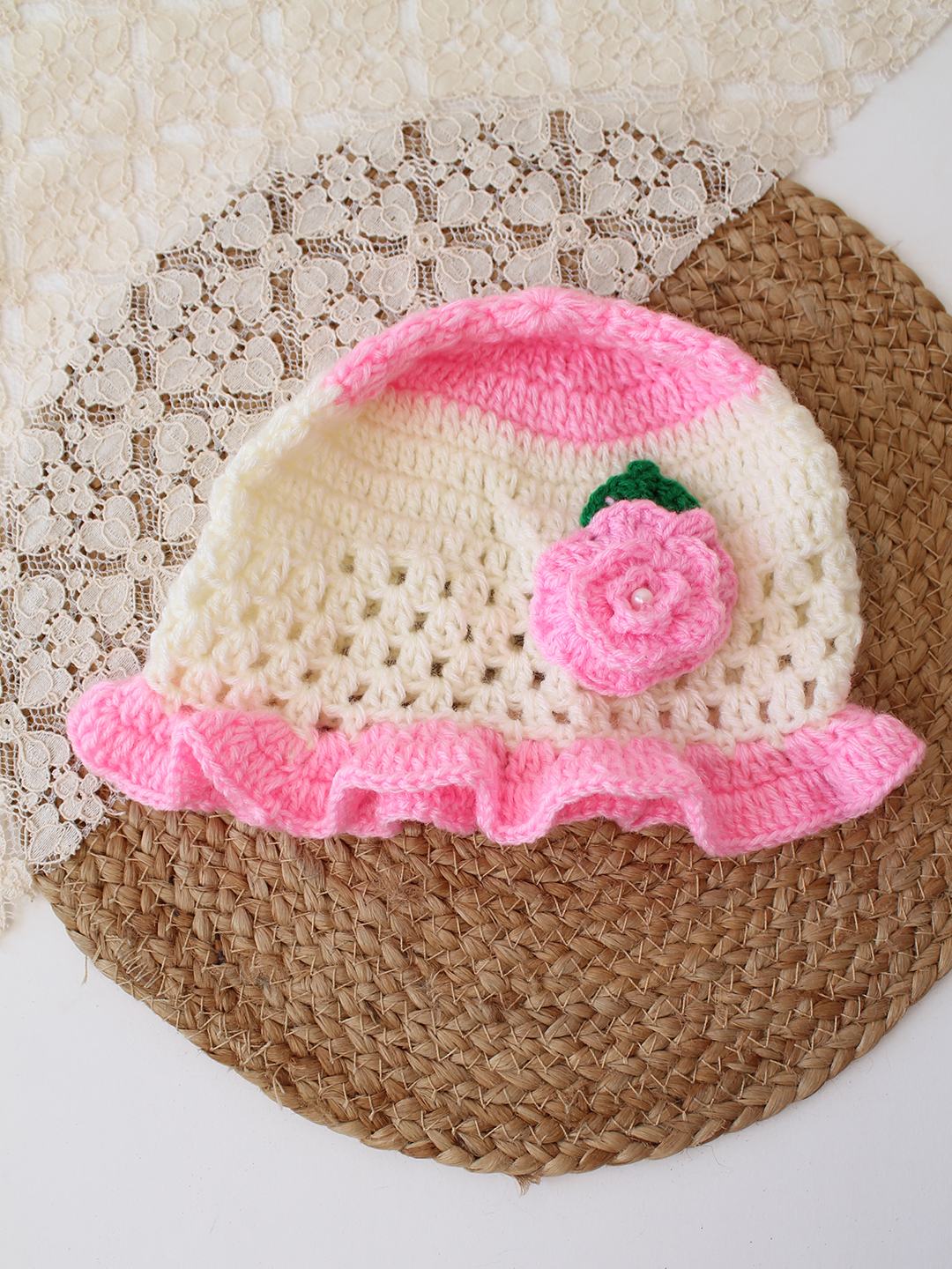 Woonie Crochet Full Sleeves Floral Applique Frock with Matching Cap - Pink