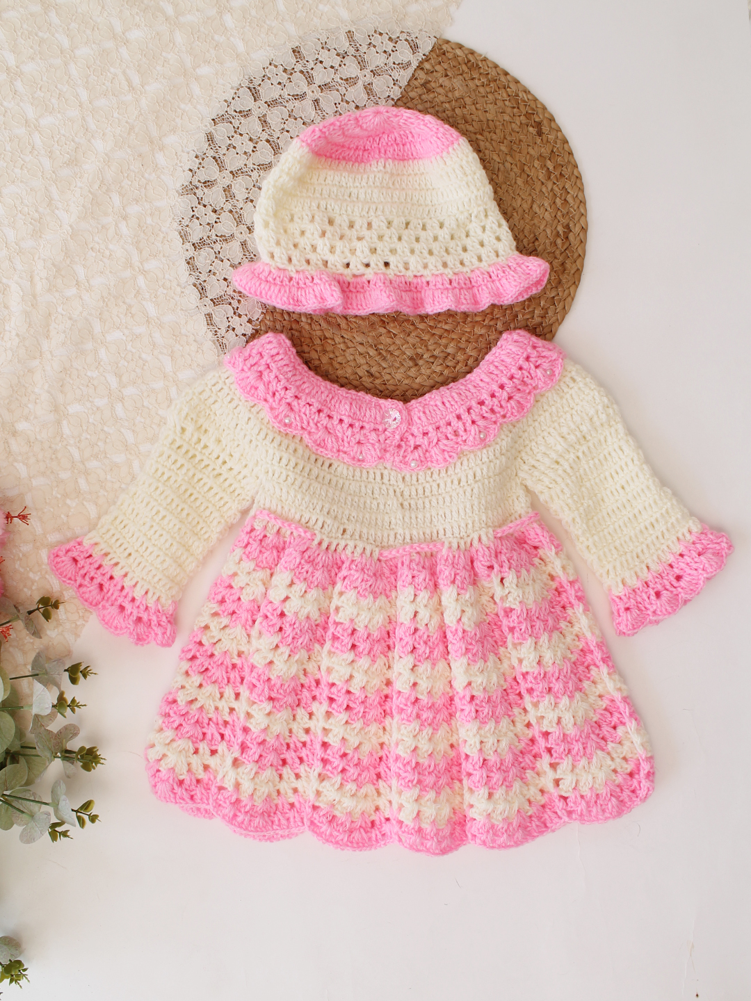 Woonie Crochet Full Sleeves Floral Applique Frock with Matching Cap - Pink