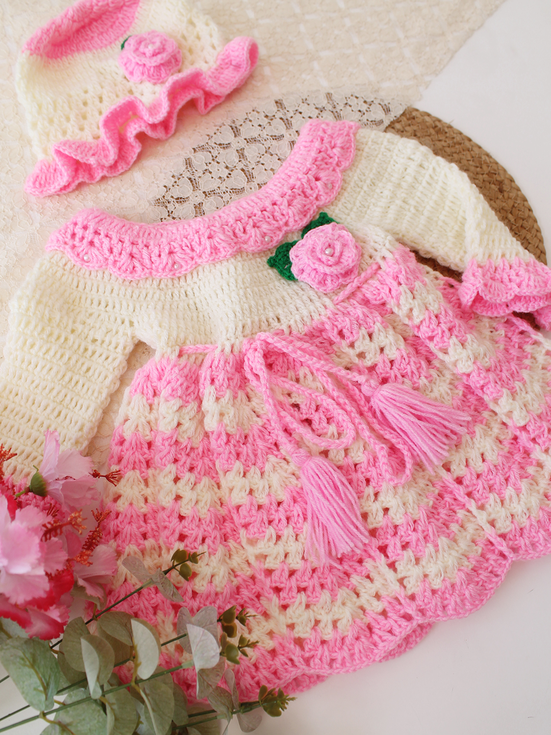 Woonie Crochet Full Sleeves Floral Applique Frock with Matching Cap - Pink