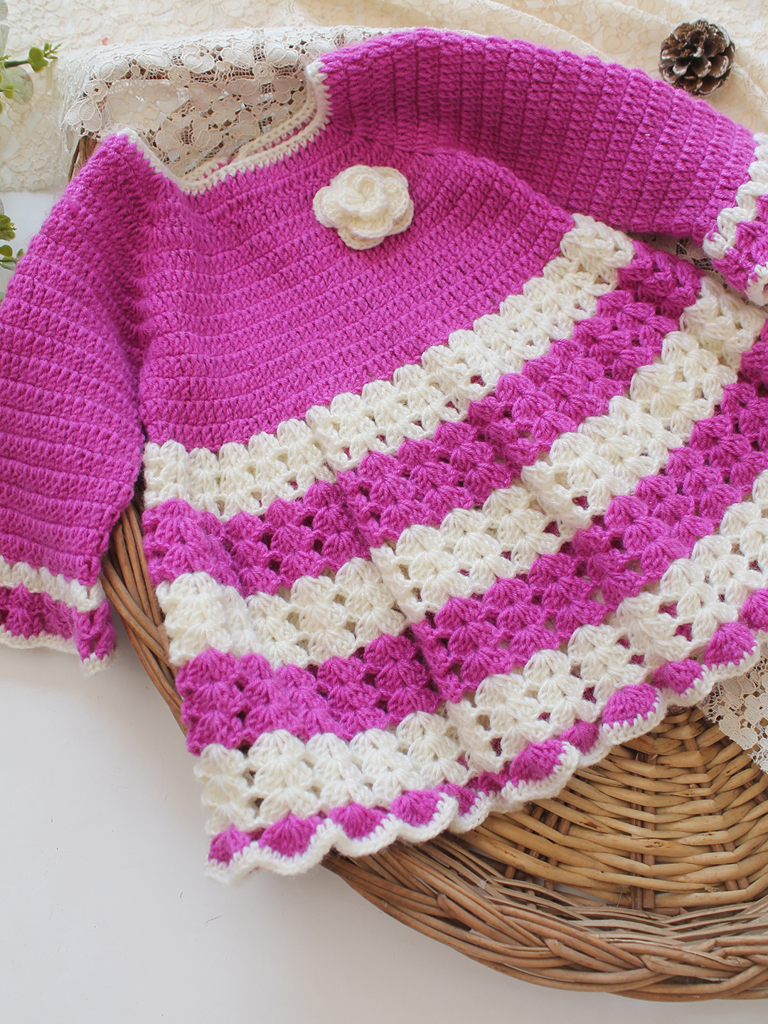 Woonie Crochet Full Sleeves Floral Applique Frock - Purple