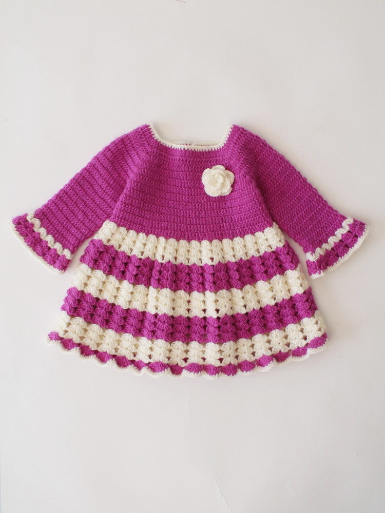 Image of Woonie Crochet Full Sleeves Floral Applique Frock - Purple