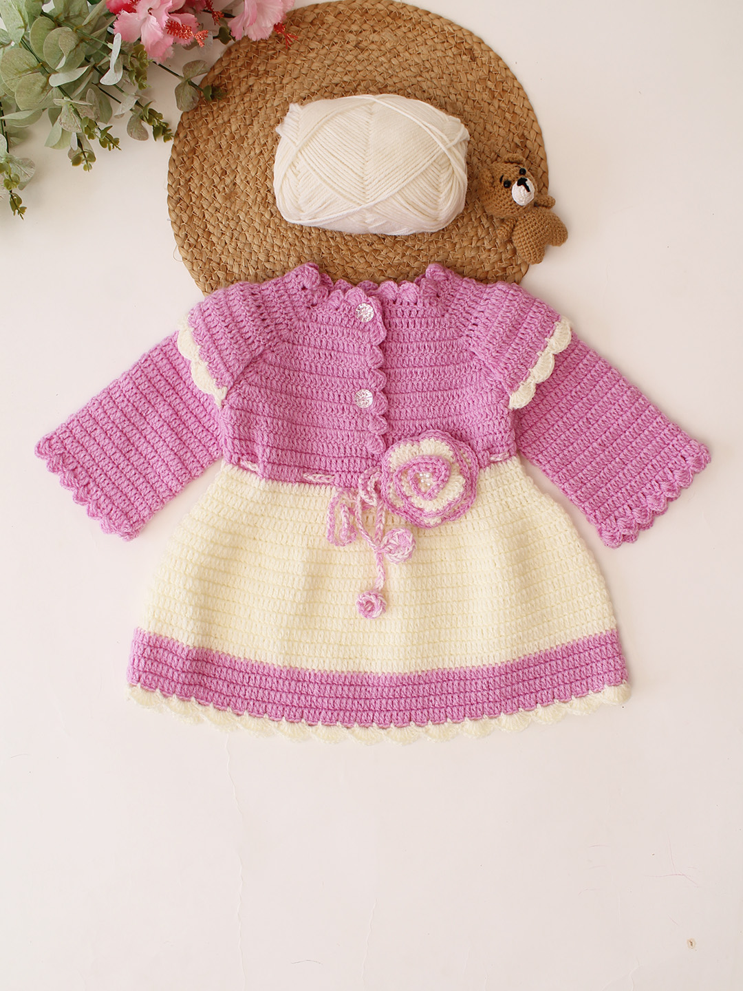 Woonie Crochet Full Sleeves Floral Applique Frock - Purple