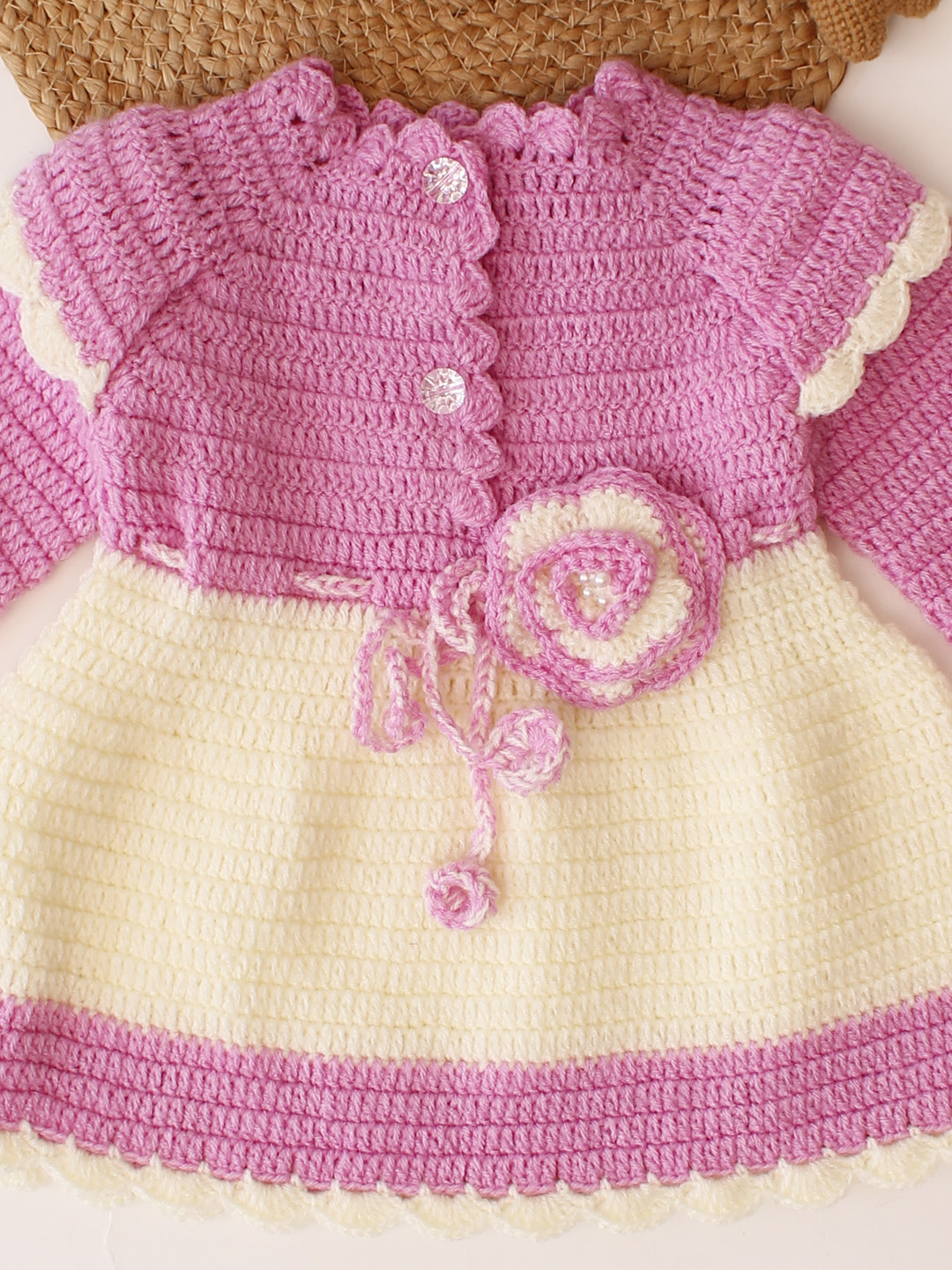 Woonie Crochet Full Sleeves Floral Applique Frock - Purple