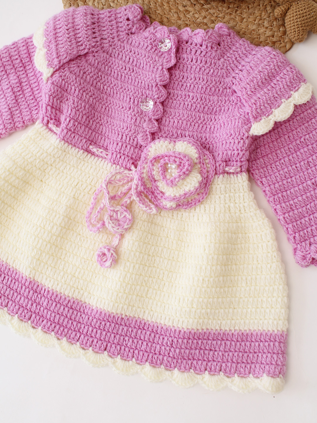Woonie Crochet Full Sleeves Floral Applique Frock - Purple