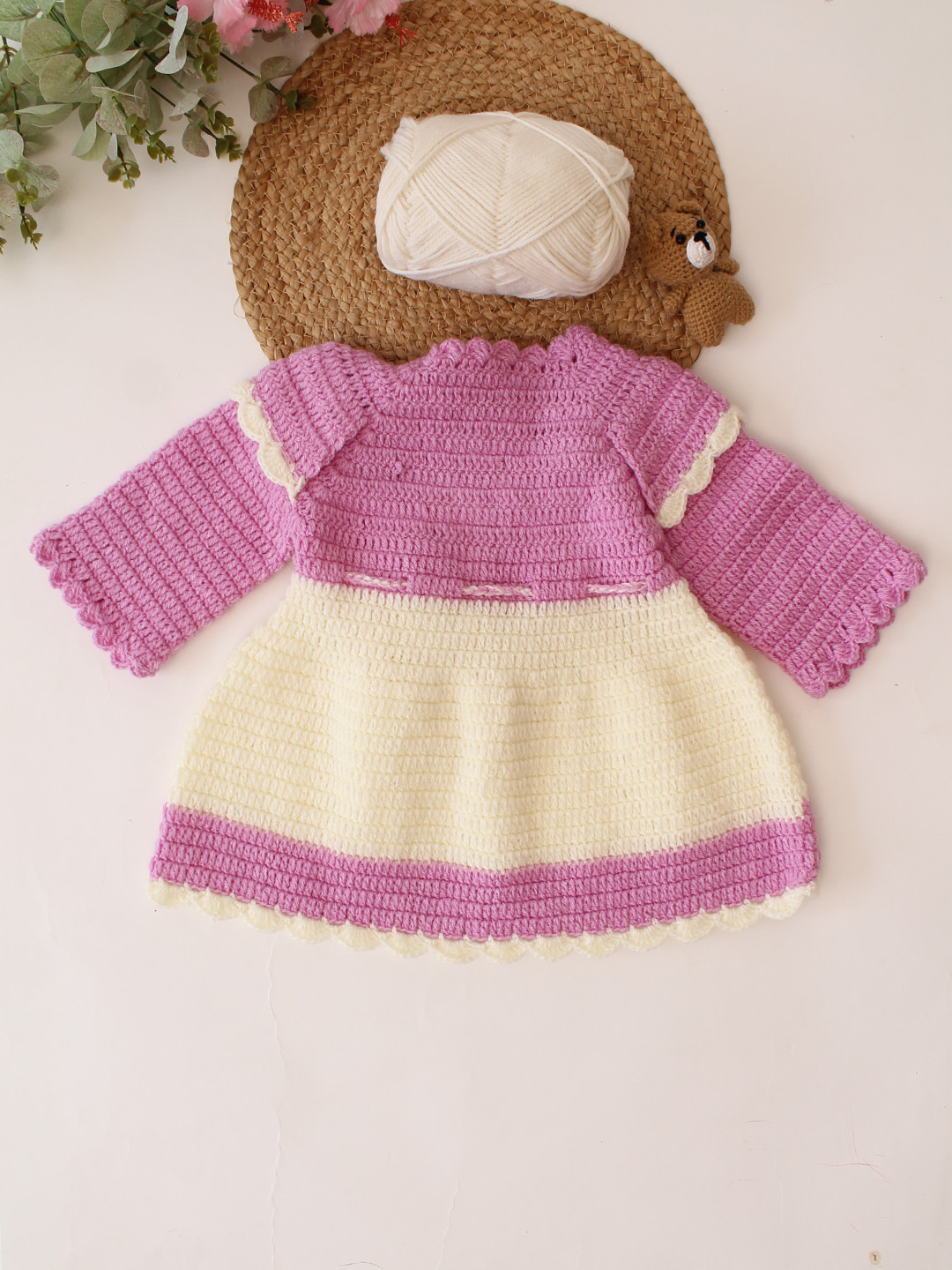 Woonie Crochet Full Sleeves Floral Applique Frock - Purple