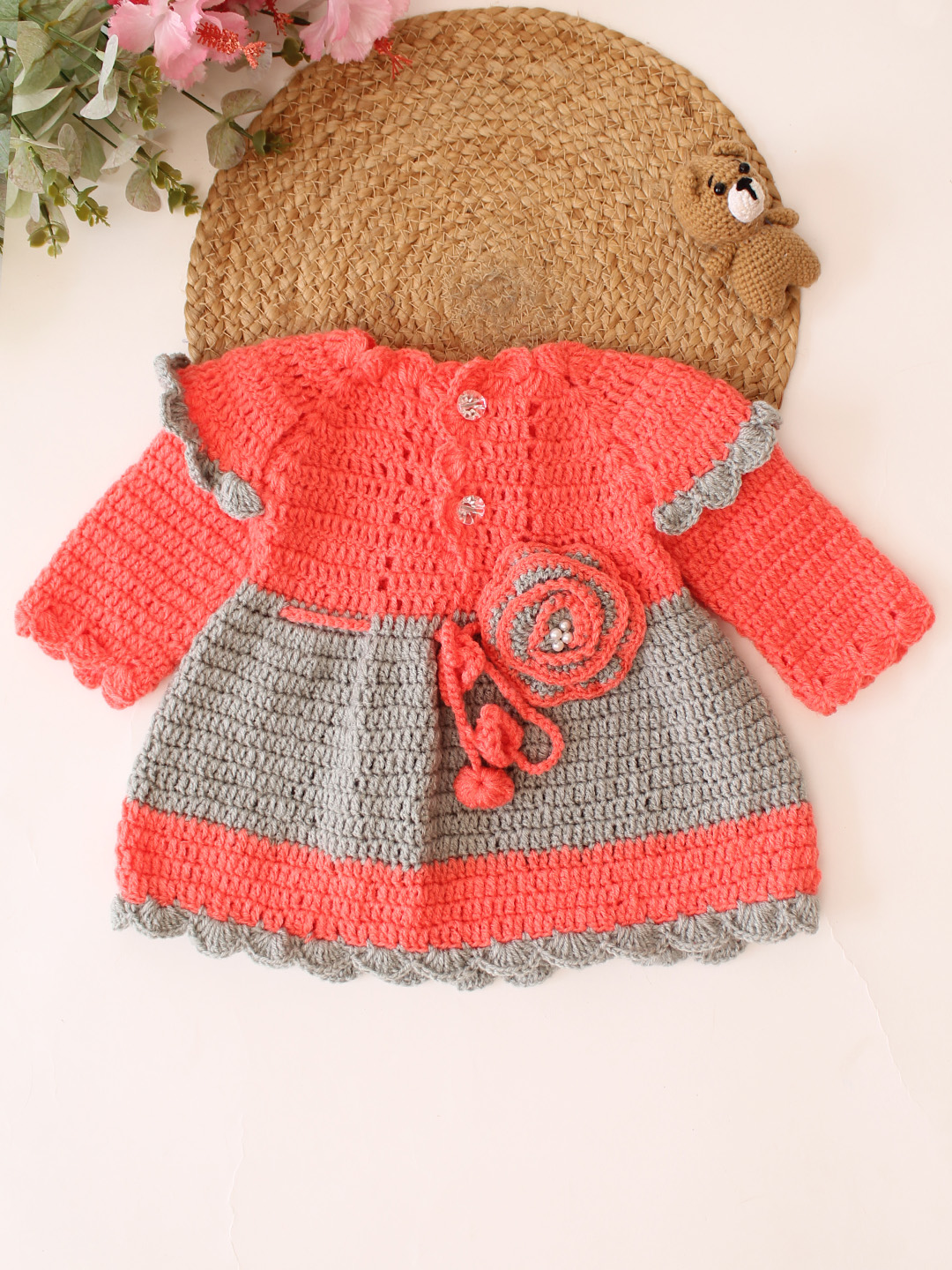 Woonie Crochet Full Sleeves Floral Applique Frock - Coral Red