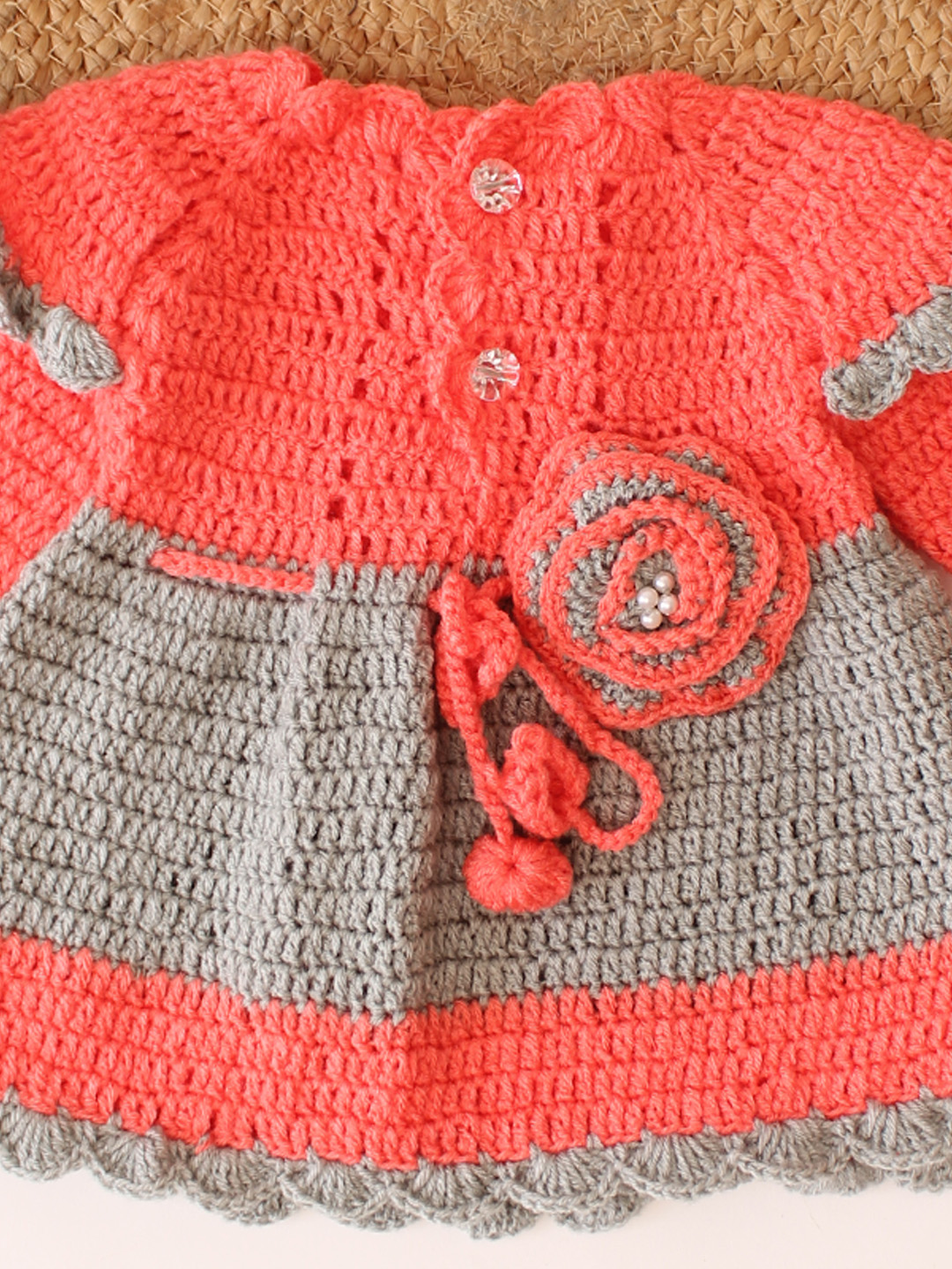 Woonie Crochet Full Sleeves Floral Applique Frock - Coral Red