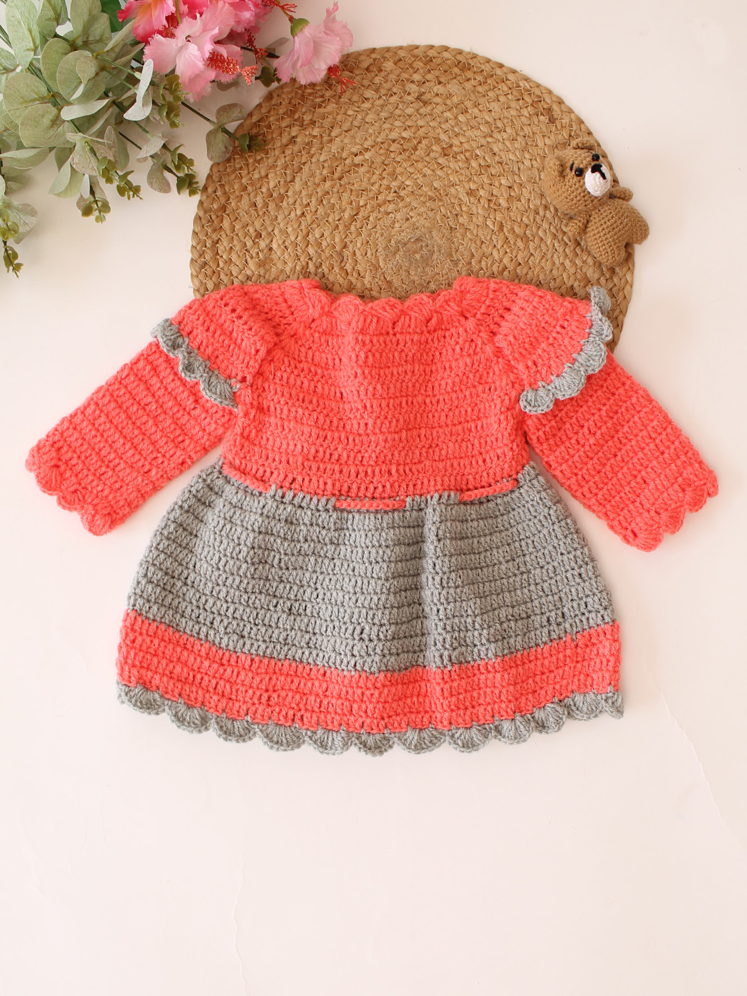 Woonie Crochet Full Sleeves Floral Applique Frock - Coral Red