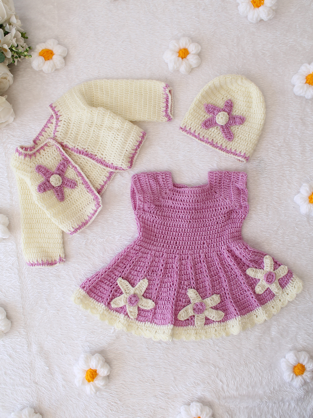 Woonie Crochet Floral Applique Frock with Matching Shrug and Cap - Purple