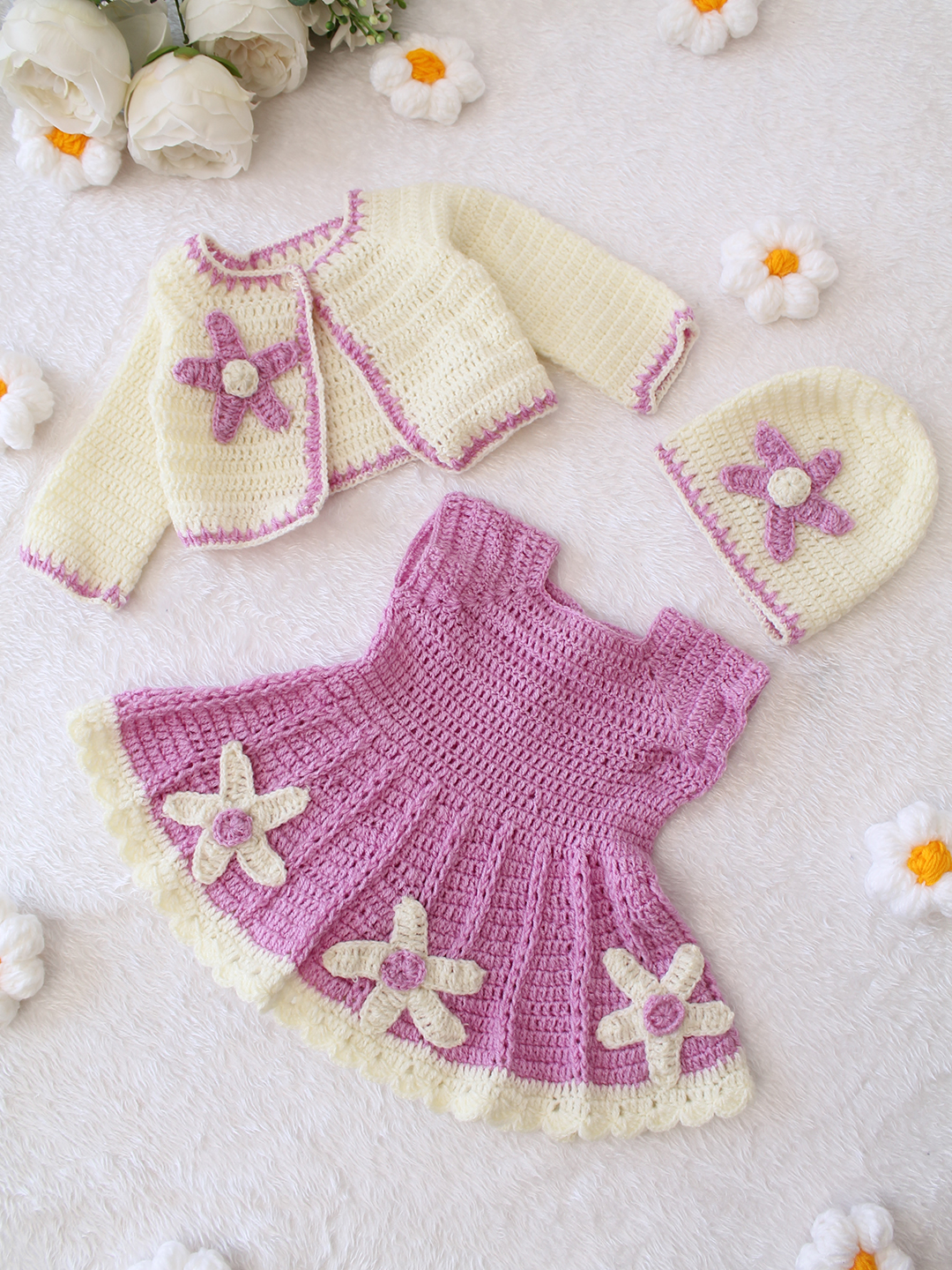 Woonie Crochet Floral Applique Frock with Matching Shrug and Cap - Purple