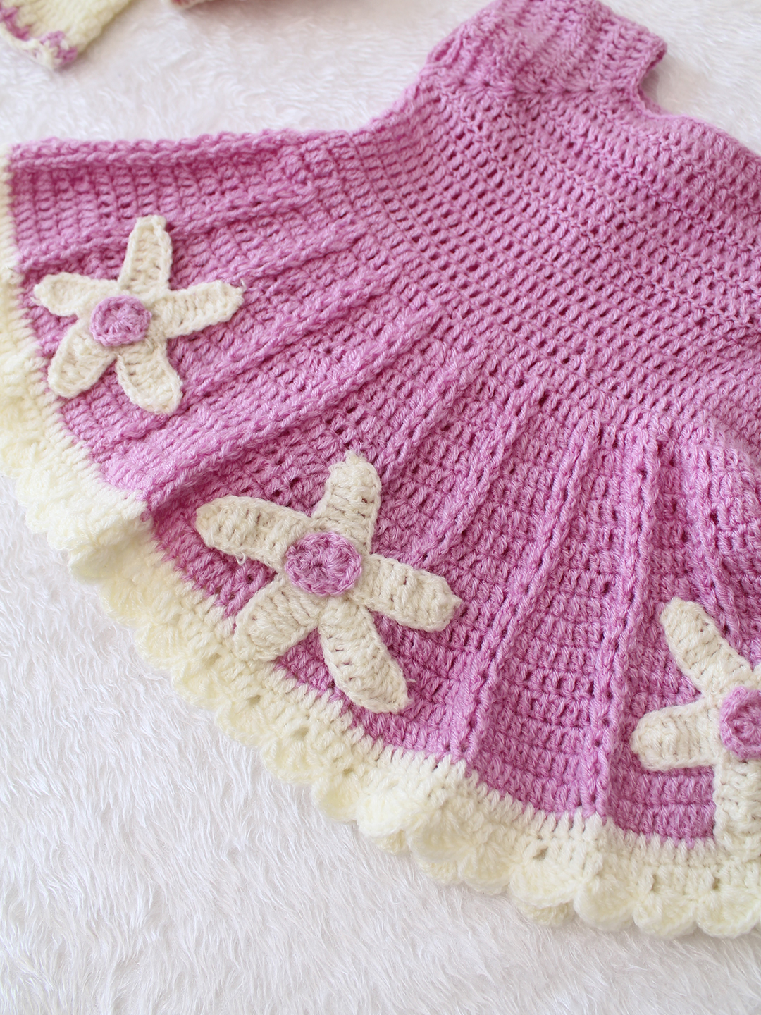 Woonie Crochet Floral Applique Frock with Matching Shrug and Cap - Purple