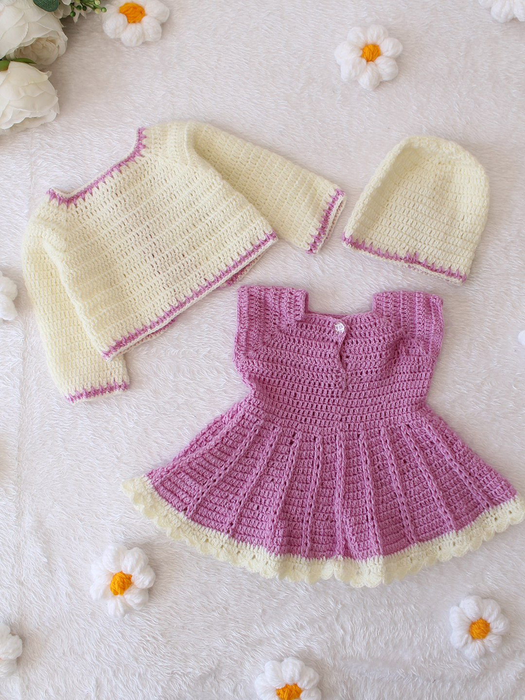 Woonie Crochet Floral Applique Frock with Matching Shrug and Cap - Purple