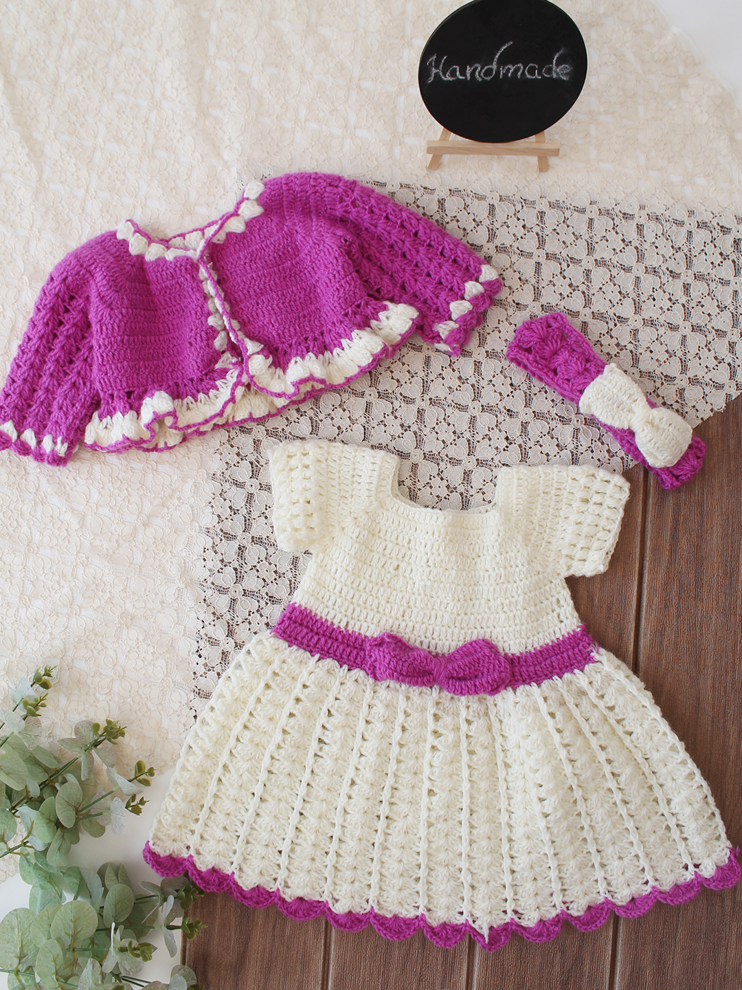 Woonie Crochet Floral Applique Frock with Matching Shrug & Cap - Cream