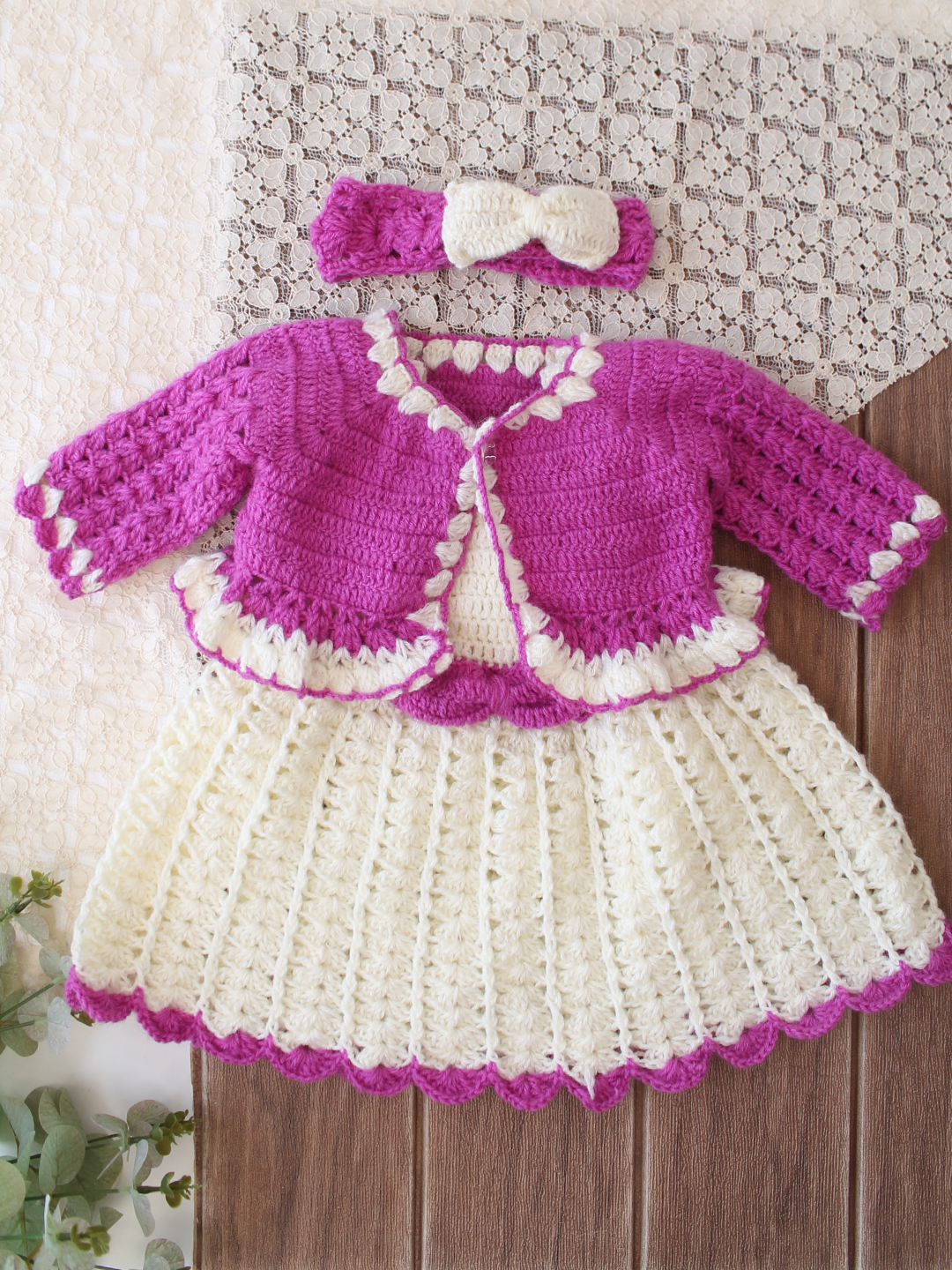 Woonie Crochet Floral Applique Frock with Matching Shrug & Cap - Cream