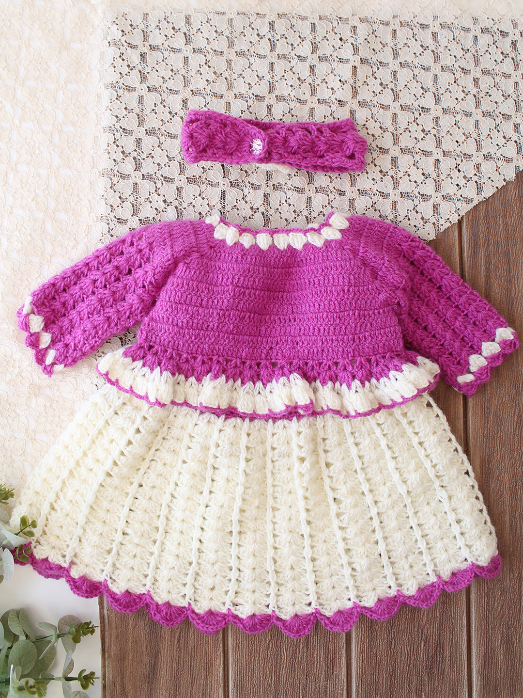 Woonie Crochet Floral Applique Frock with Matching Shrug & Cap - Cream