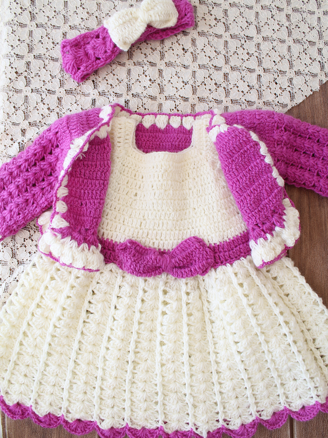 Woonie Crochet Floral Applique Frock with Matching Shrug & Cap - Cream