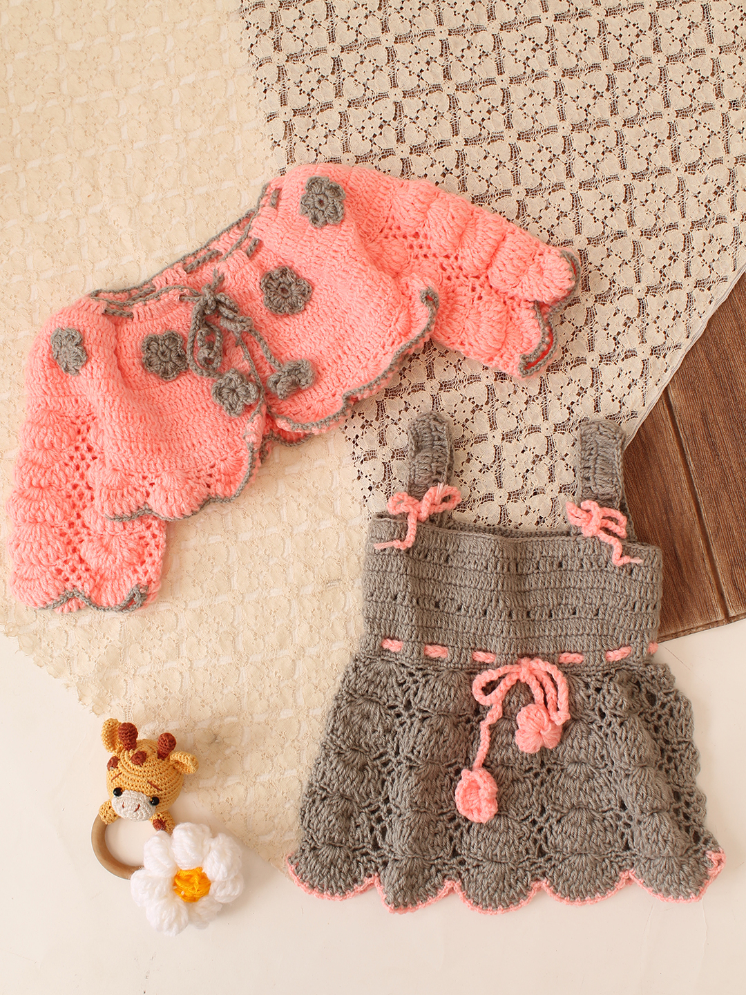 Woonie Crochet Floral Applique Frock with Matching Shrug - Light Grey