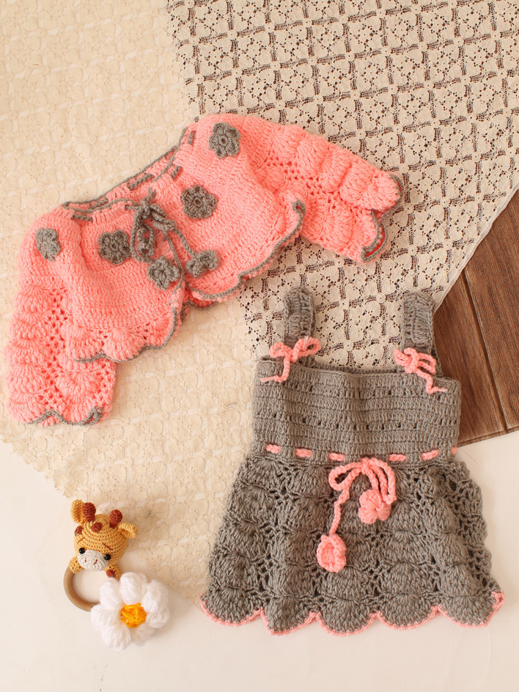 Image of Woonie Crochet Floral Applique Frock with Matching Shrug - Light Grey
