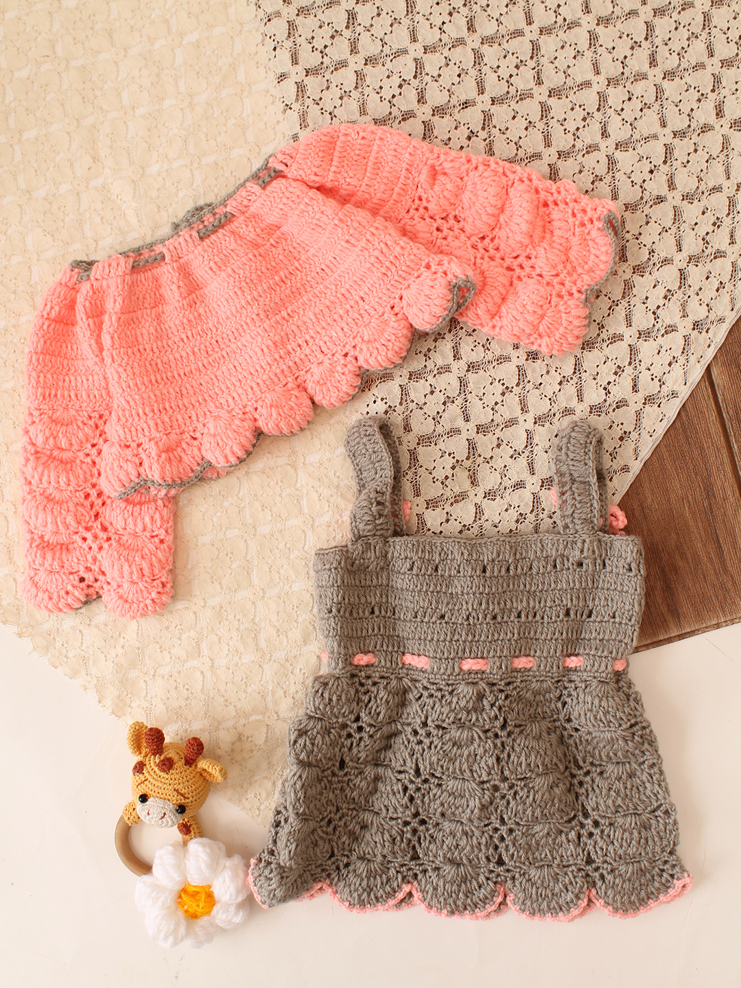 Woonie Crochet Floral Applique Frock with Matching Shrug - Light Grey