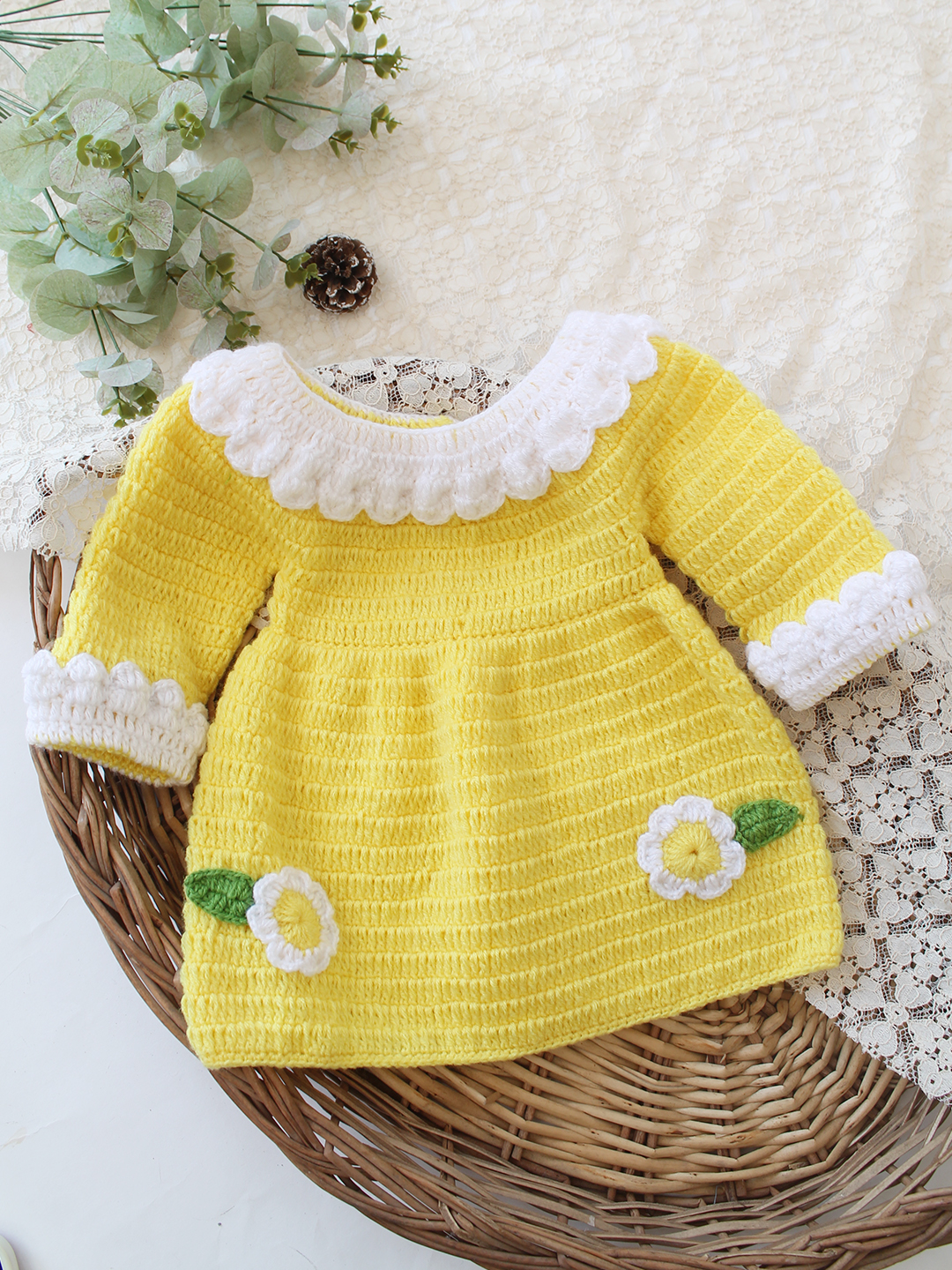Woonie Crochet Full Sleeves Floral Applique Frock - Yellow