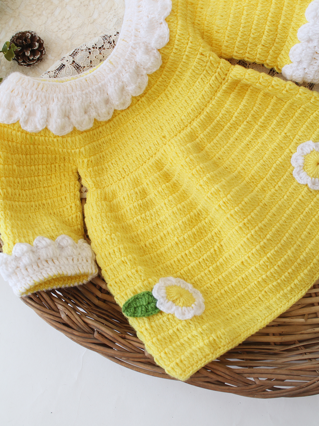 Woonie Crochet Full Sleeves Floral Applique Frock - Yellow