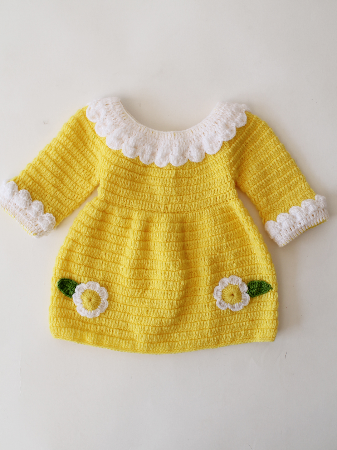 Woonie Crochet Full Sleeves Floral Applique Frock - Yellow