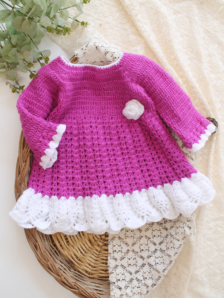 Image of Handmade Crochet Newborn Baby Dress | Soft Wool Winter Frock