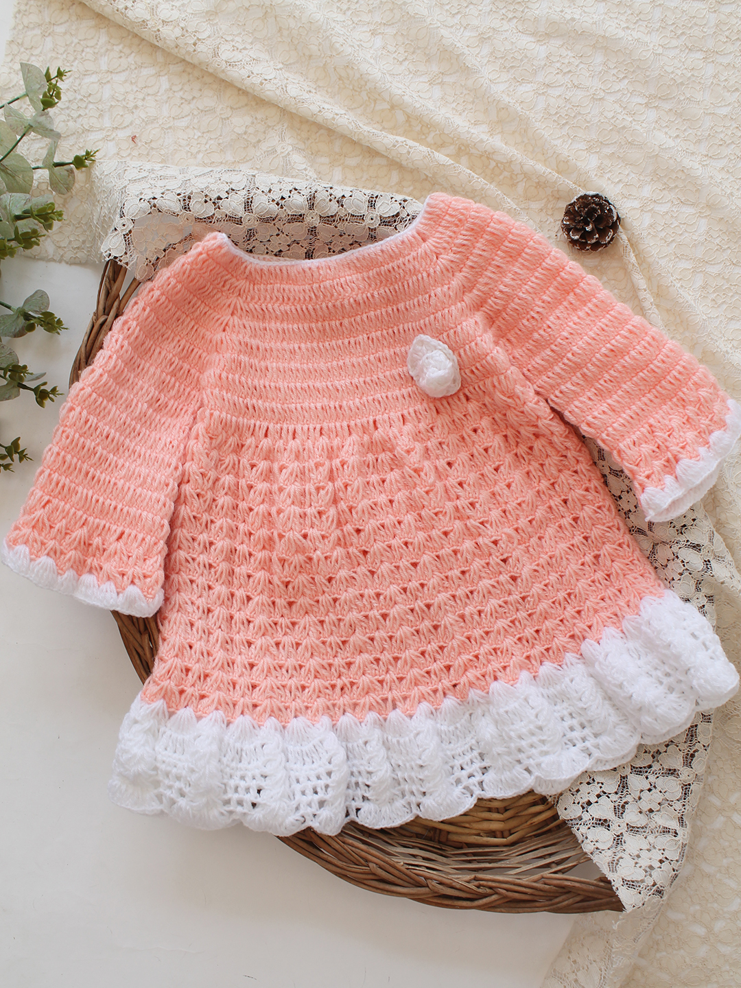 Woonie Crochet Full Sleeves Floral Applique Frock - Peach