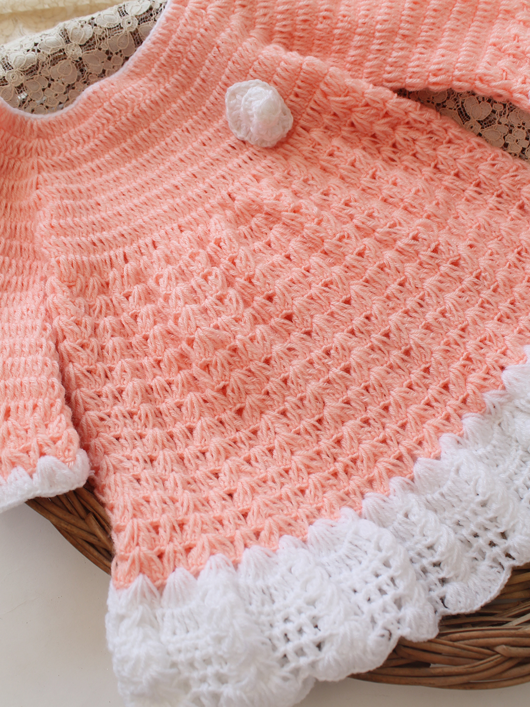Woonie Crochet Full Sleeves Floral Applique Frock - Peach