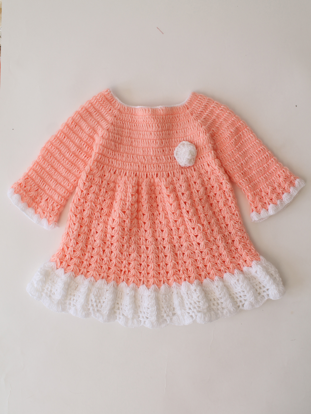 Woonie Crochet Full Sleeves Floral Applique Frock - Peach