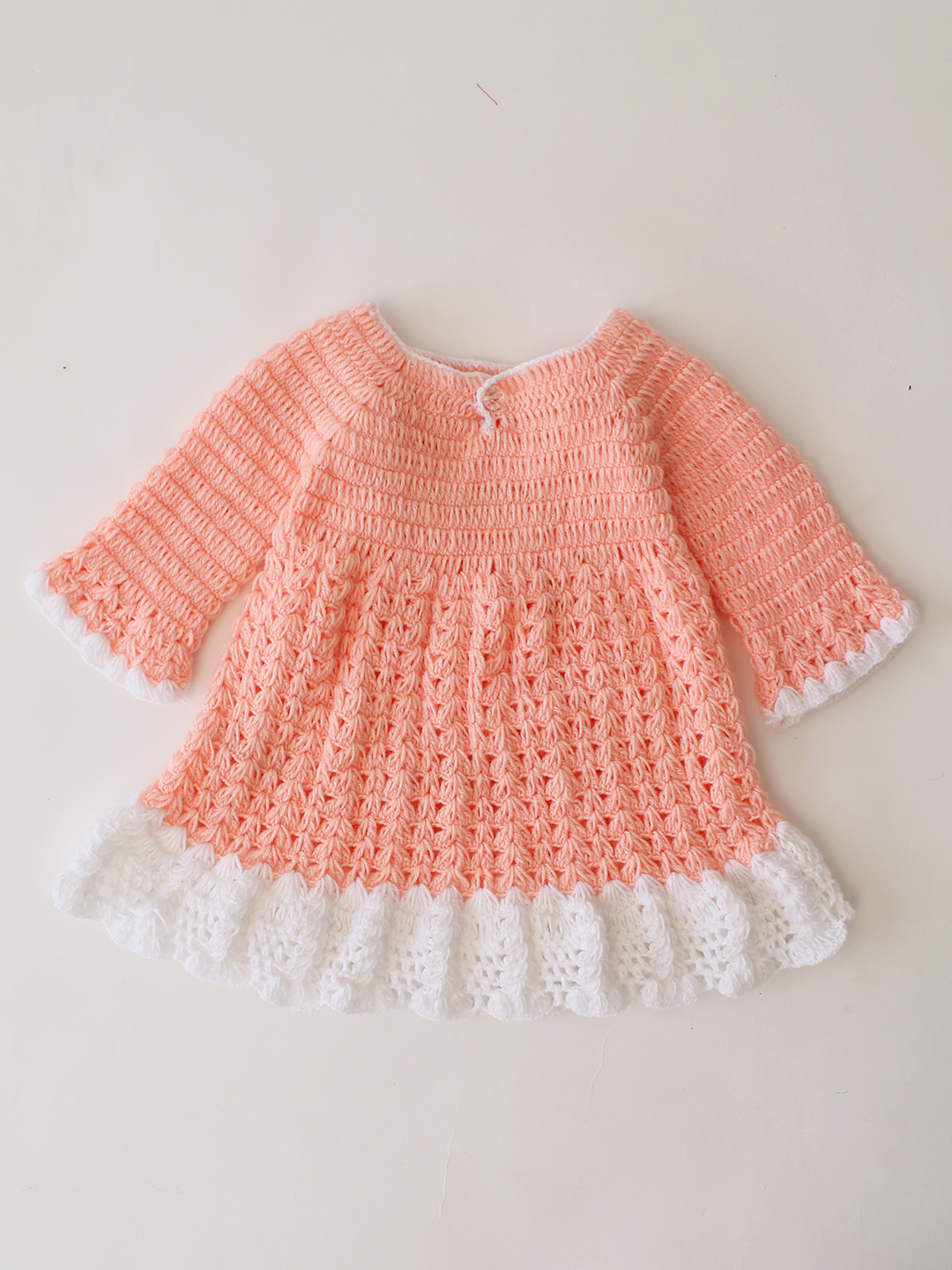 Woonie Crochet Full Sleeves Floral Applique Frock - Peach