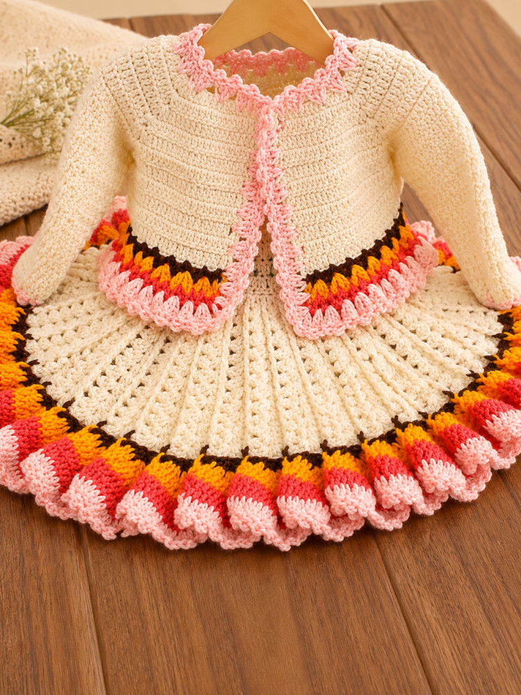 Image of Woonie Crochet Floral Applique Frock with Matching Shrug and Headband - Cream
