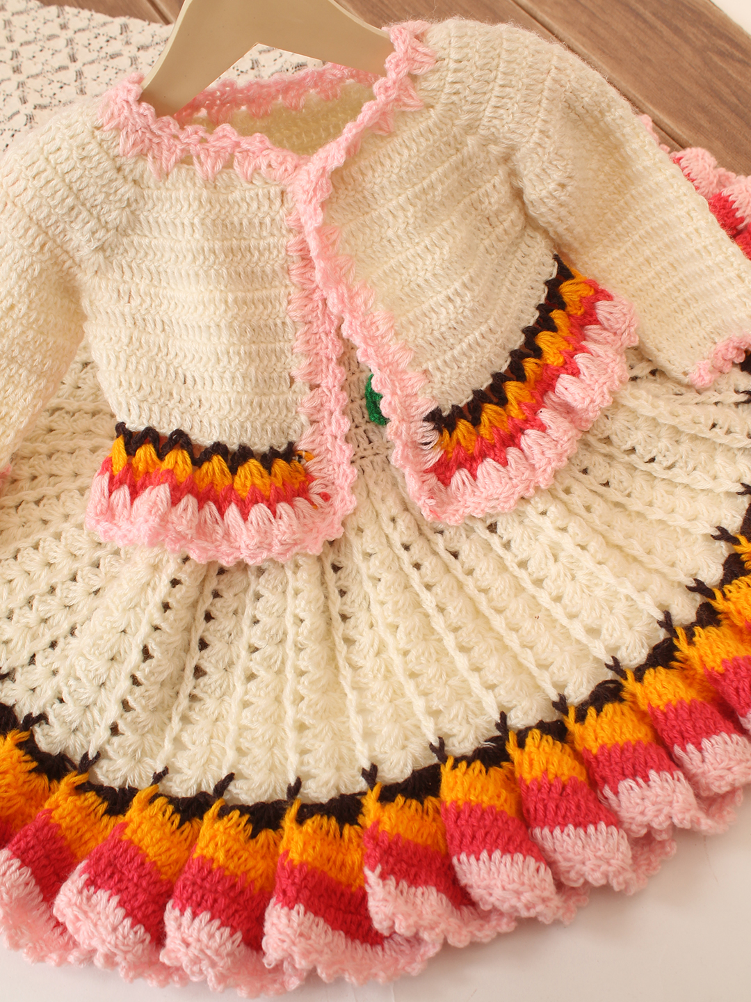 Woonie Crochet Floral Applique Frock with Matching Shrug and Headband - Cream