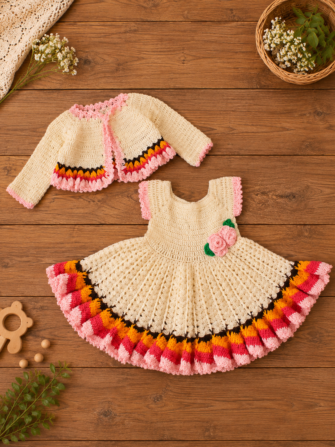 Woonie Crochet Floral Applique Frock with Matching Shrug and Headband - Cream