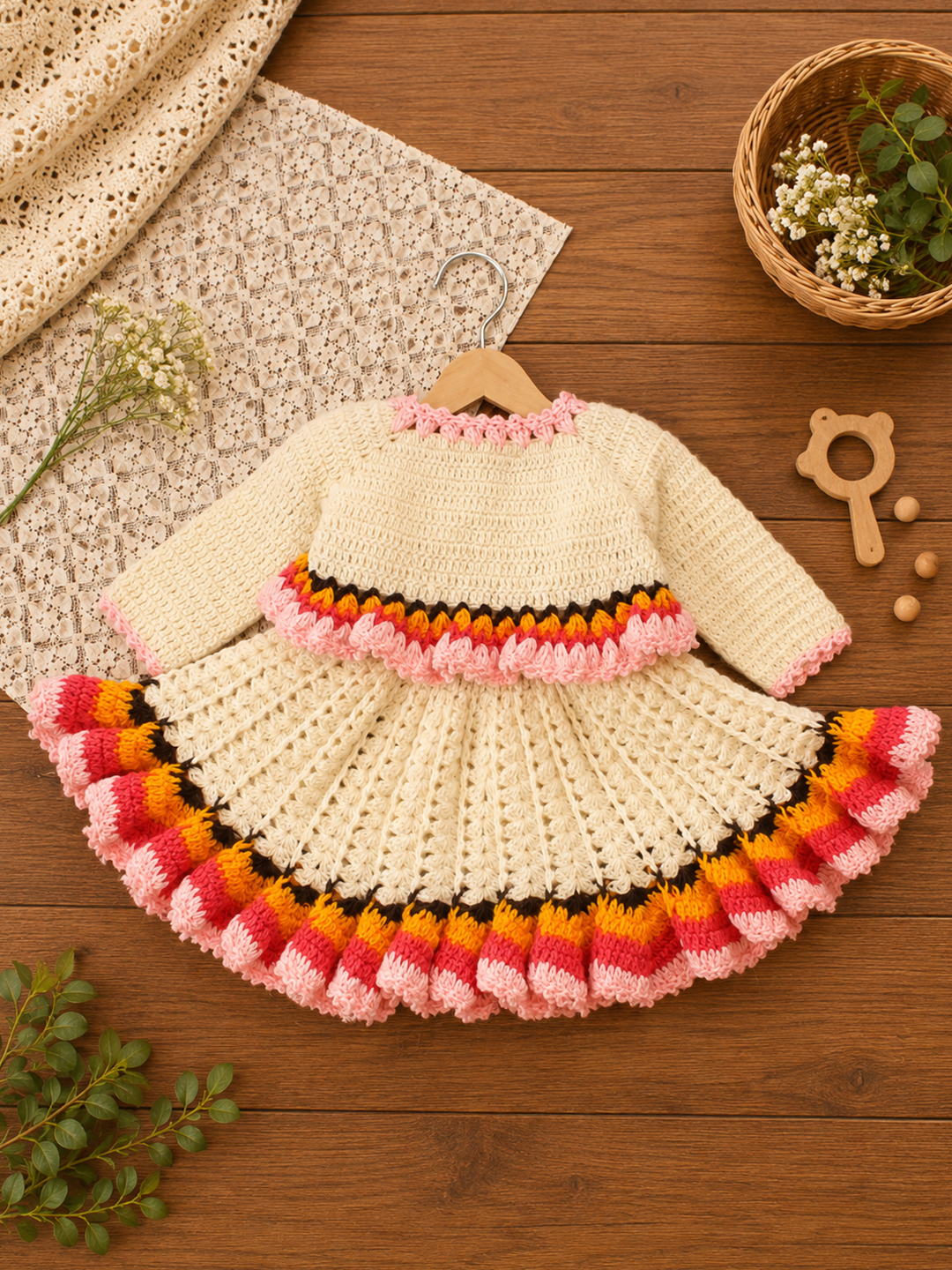 Woonie Crochet Floral Applique Frock with Matching Shrug and Headband - Cream