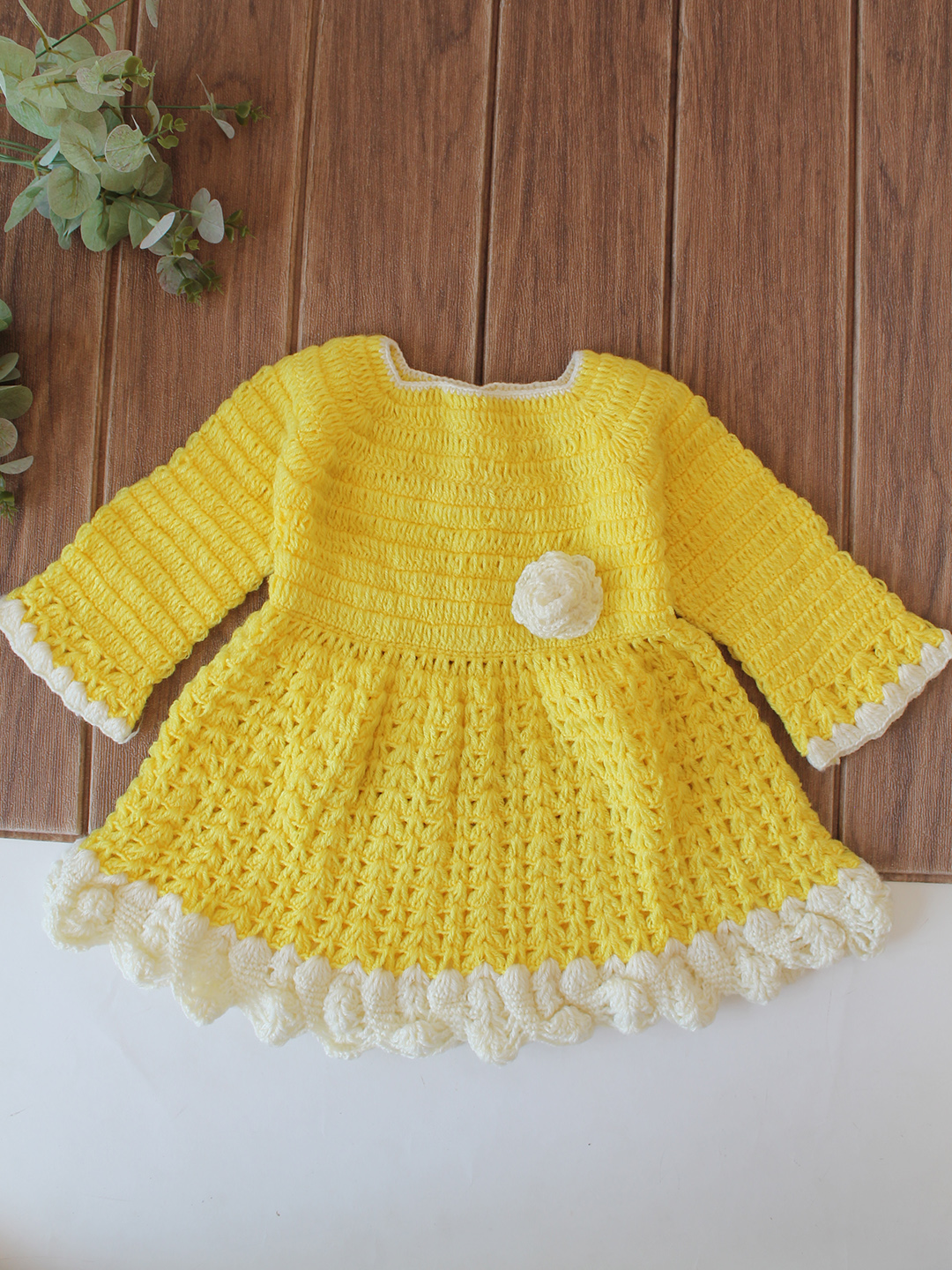 Woonie Crochet Full Sleeves Floral Applique Frock - Yellow