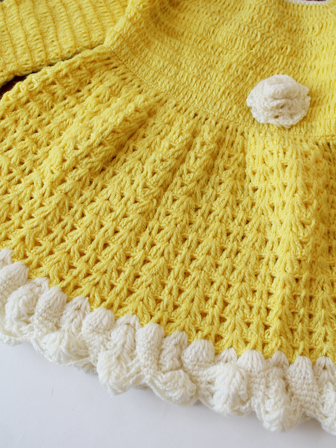 Woonie Crochet Full Sleeves Floral Applique Frock - Yellow
