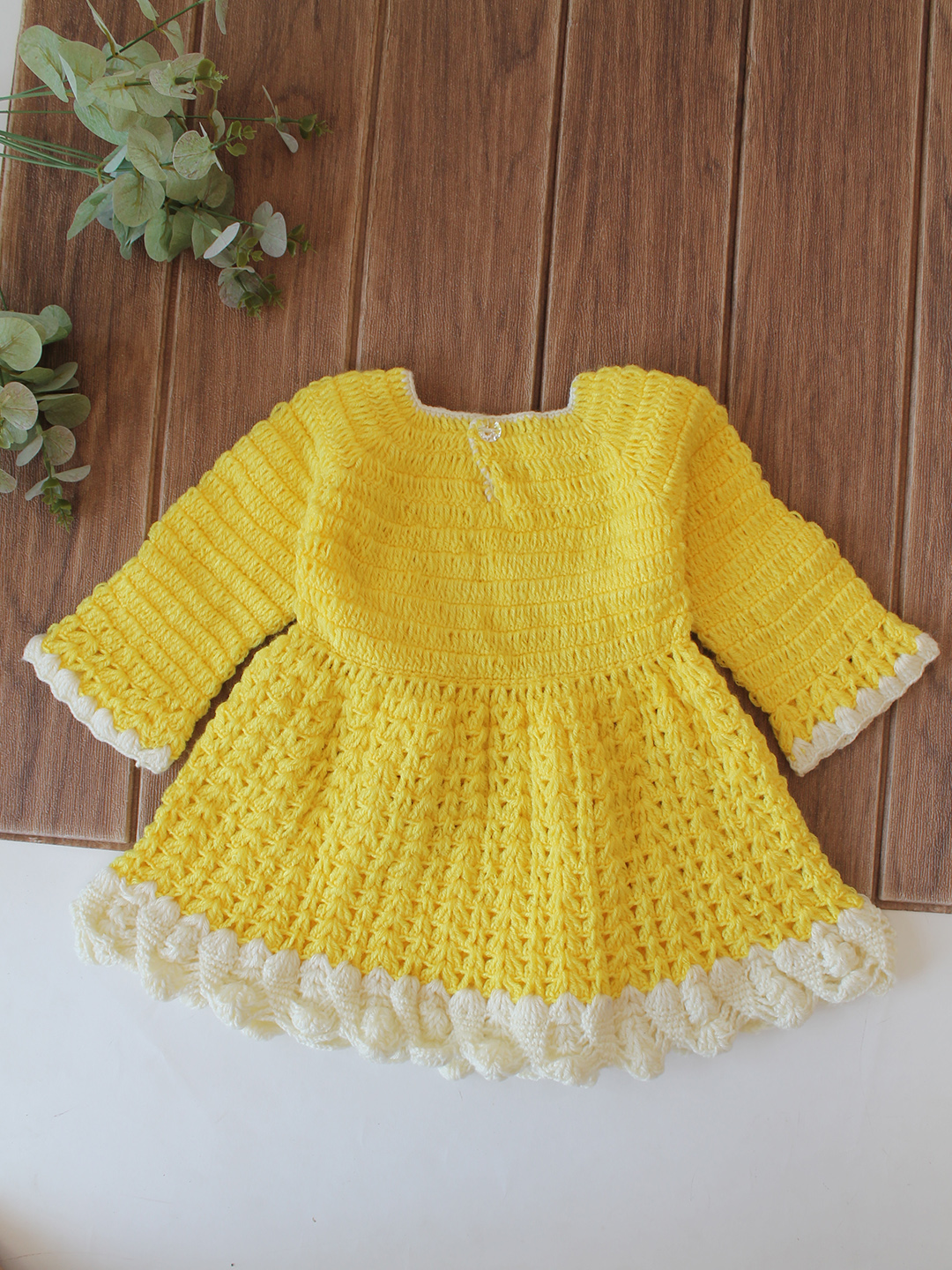 Woonie Crochet Full Sleeves Floral Applique Frock - Yellow