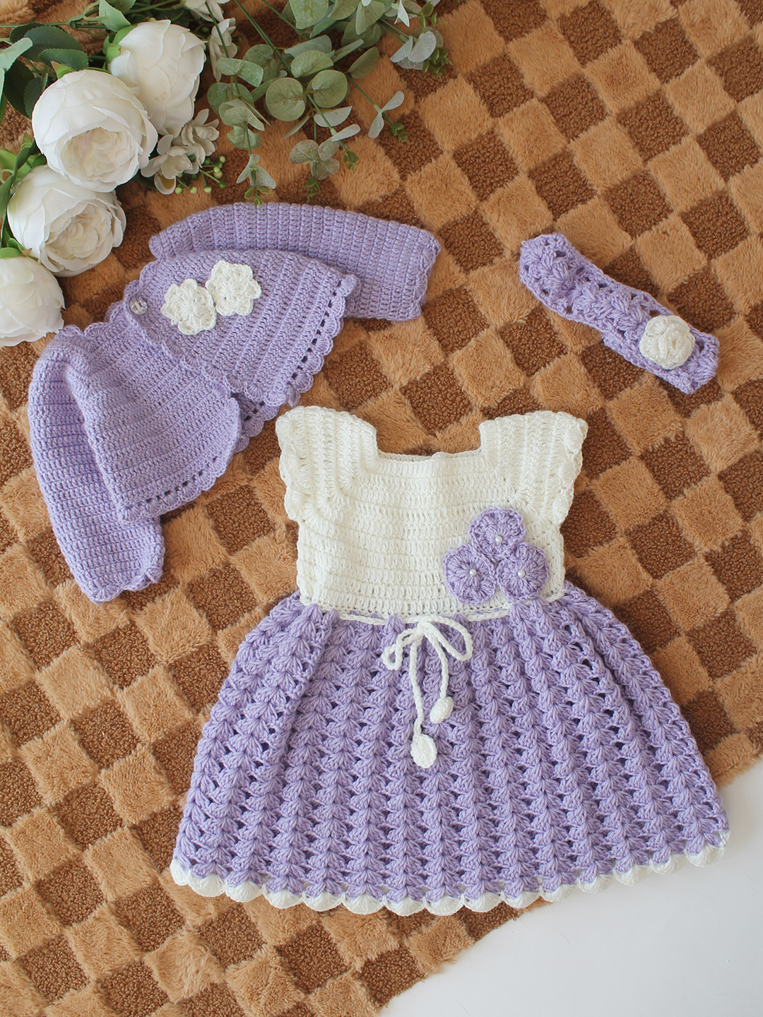 Woonie Crochet Floral Applique Frock with Matching Shrug and Headband - Purple