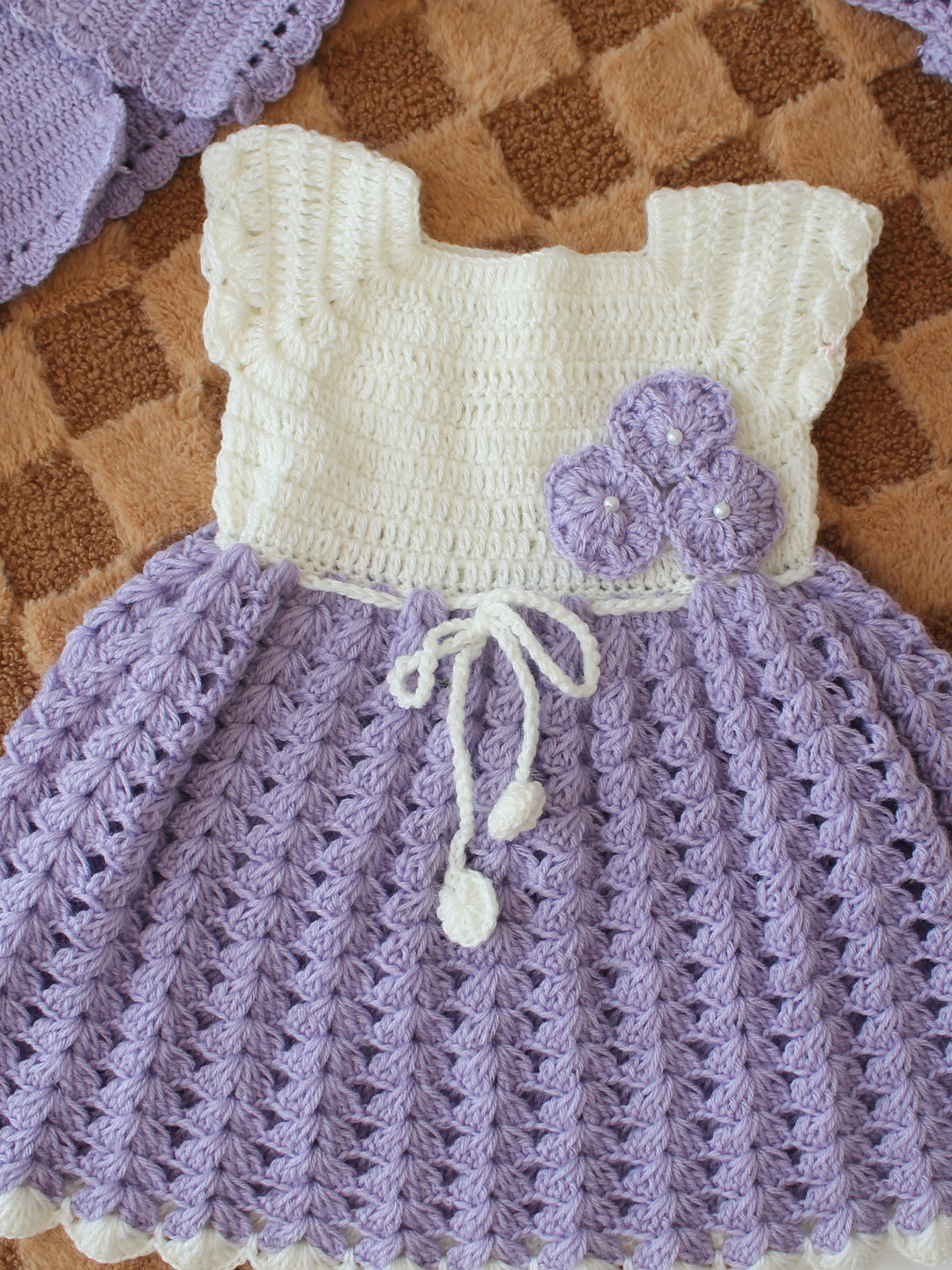Woonie Crochet Floral Applique Frock with Matching Shrug and Headband - Purple