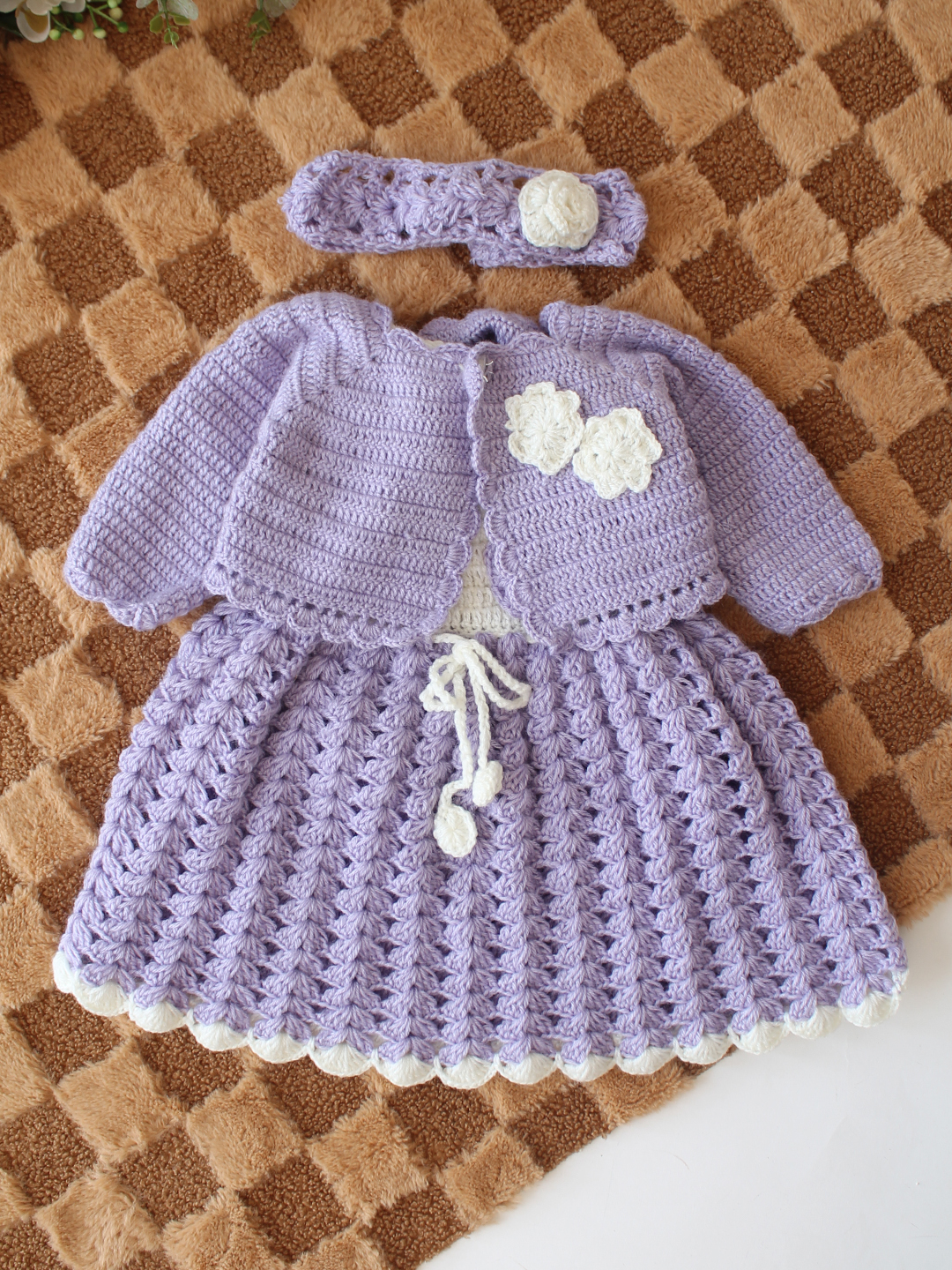 Woonie Crochet Floral Applique Frock with Matching Shrug and Headband - Purple
