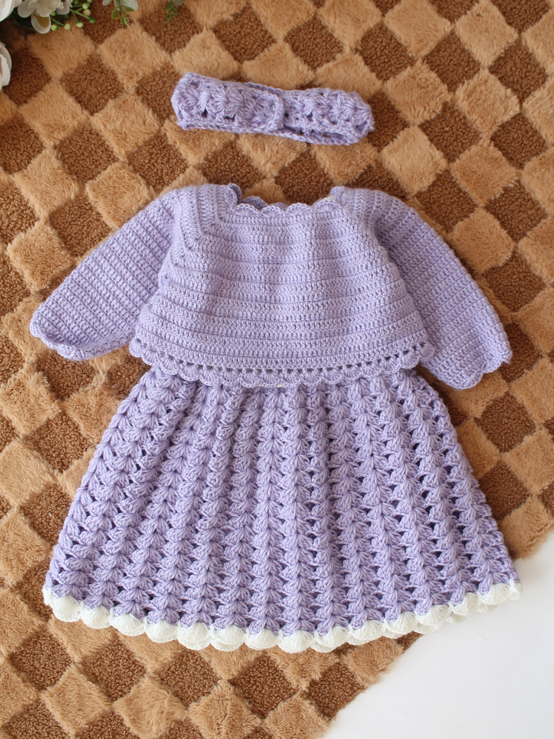 Woonie Crochet Floral Applique Frock with Matching Shrug and Headband - Purple