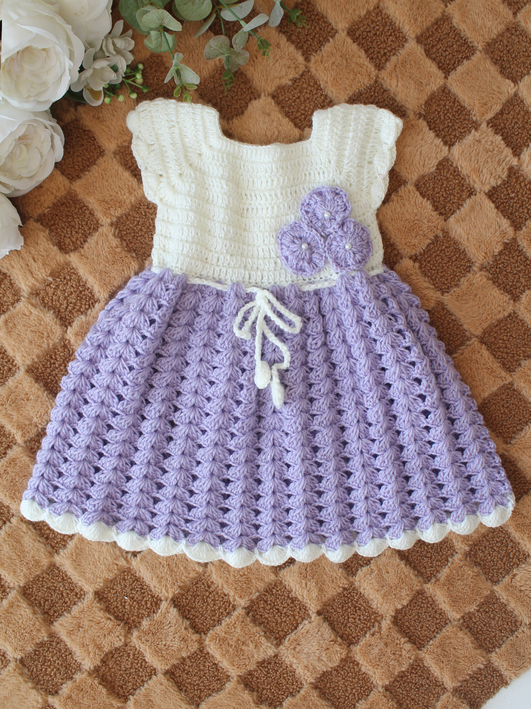 Woonie Crochet Floral Applique Frock with Matching Shrug and Headband - Purple