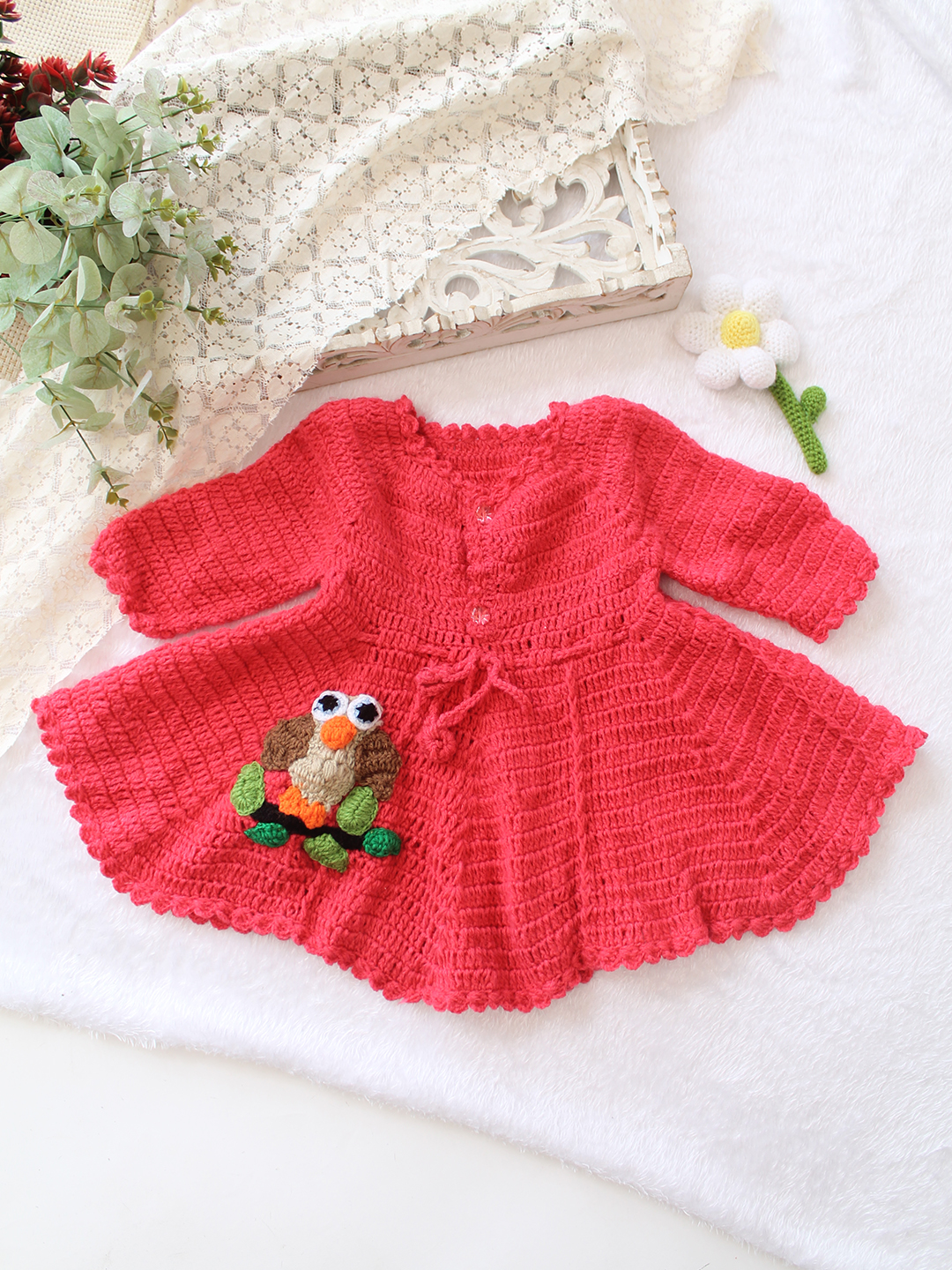 Woonie Crochet Full Sleeves Owl Applique Frock - Coral Red