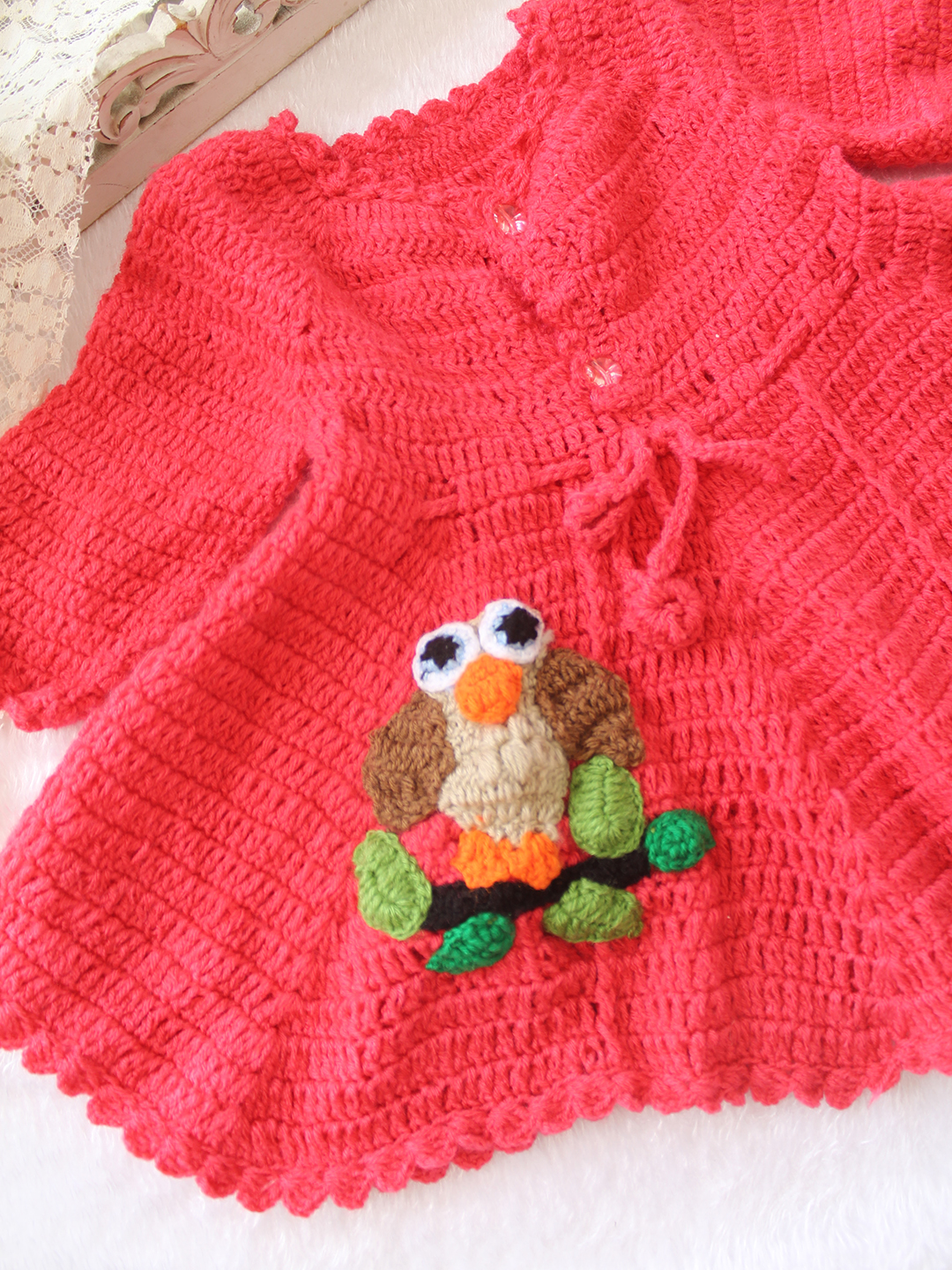 Woonie Crochet Full Sleeves Owl Applique Frock - Coral Red