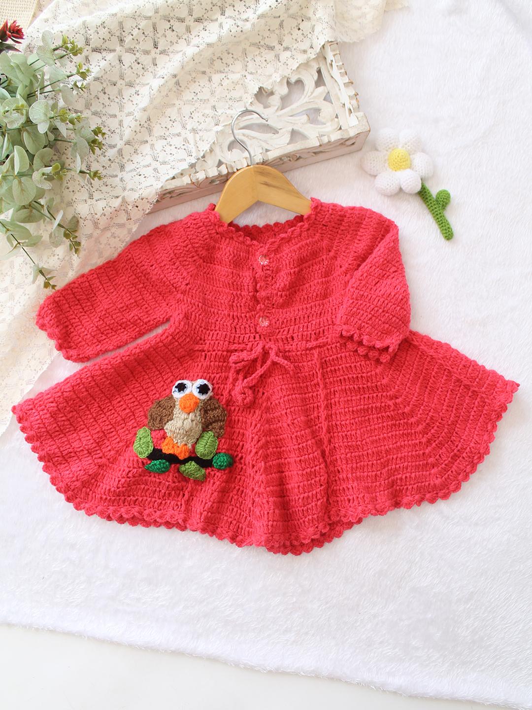 Woonie Crochet Full Sleeves Owl Applique Frock - Coral Red