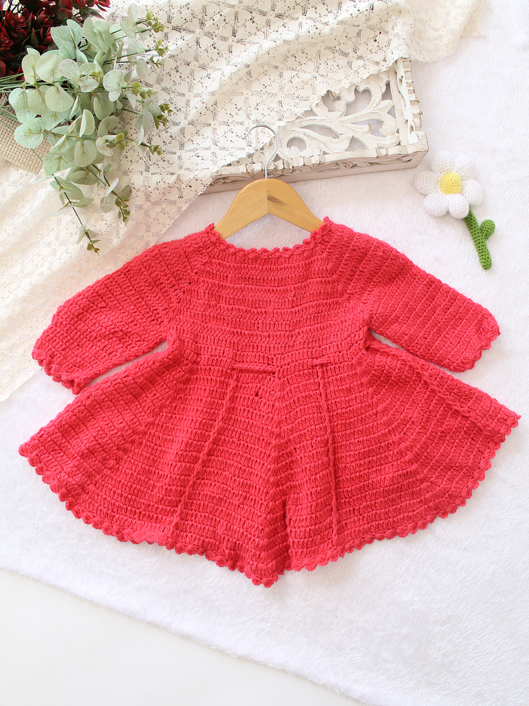 Woonie Crochet Full Sleeves Owl Applique Frock - Coral Red